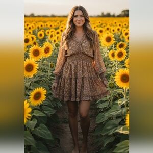 She + Sky Womens Ruffle Details Mini Dress Floral Brown Long Sleeve SIZE L NWT